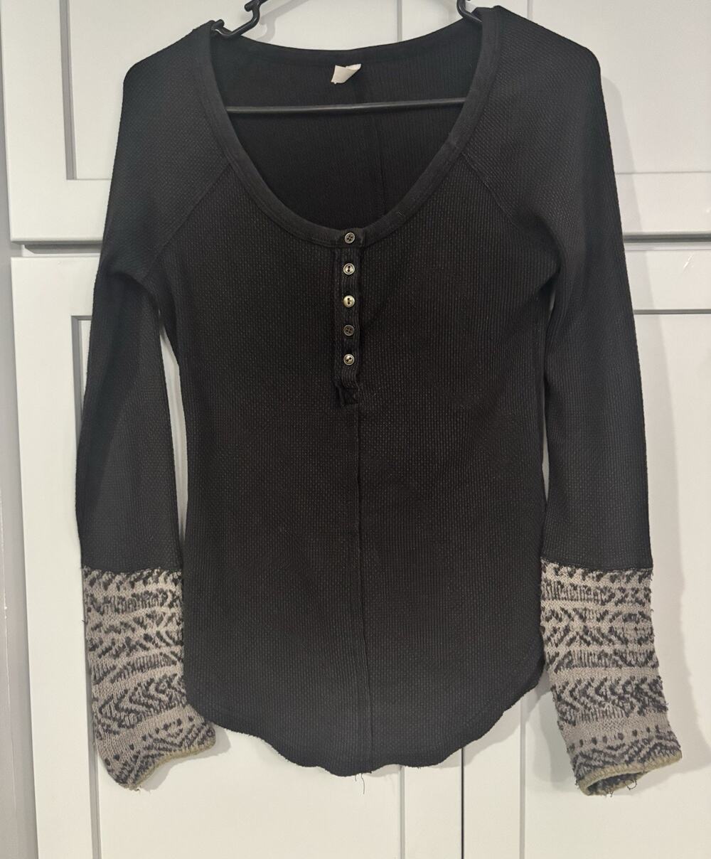 Free People Black Waffle Knit Thermal Henley V-Neck Long Sleeve Top Size M